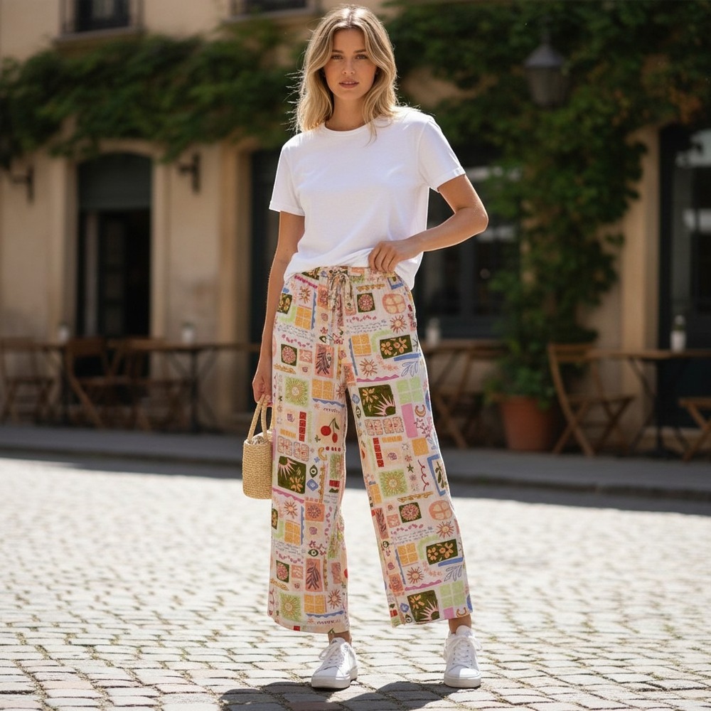 Cali 1850 Novelty Print Wide Leg Pants Rayon Linen Blend XL Multicolor Boho